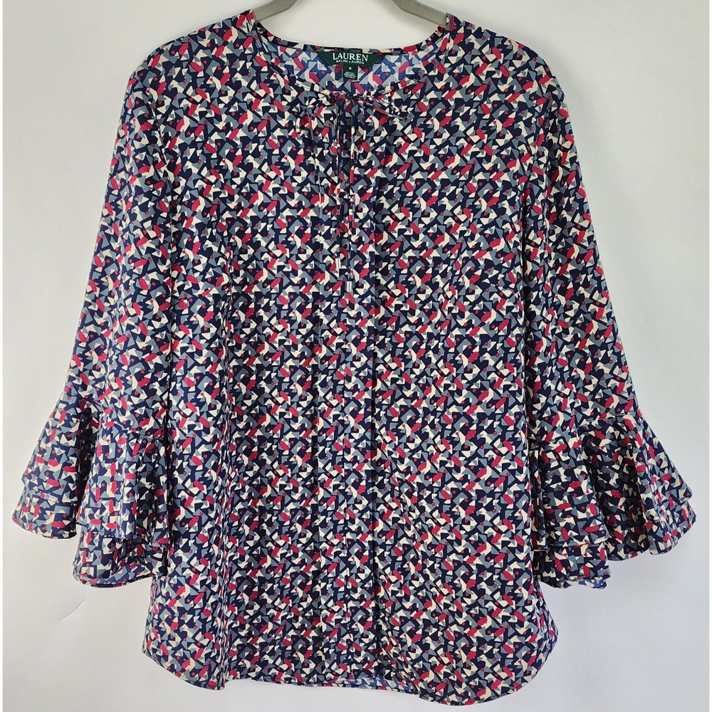 Ralph Lauren Top Women's S Multicolor Tiered Bell Sleeve Blouse Keyhole Neck